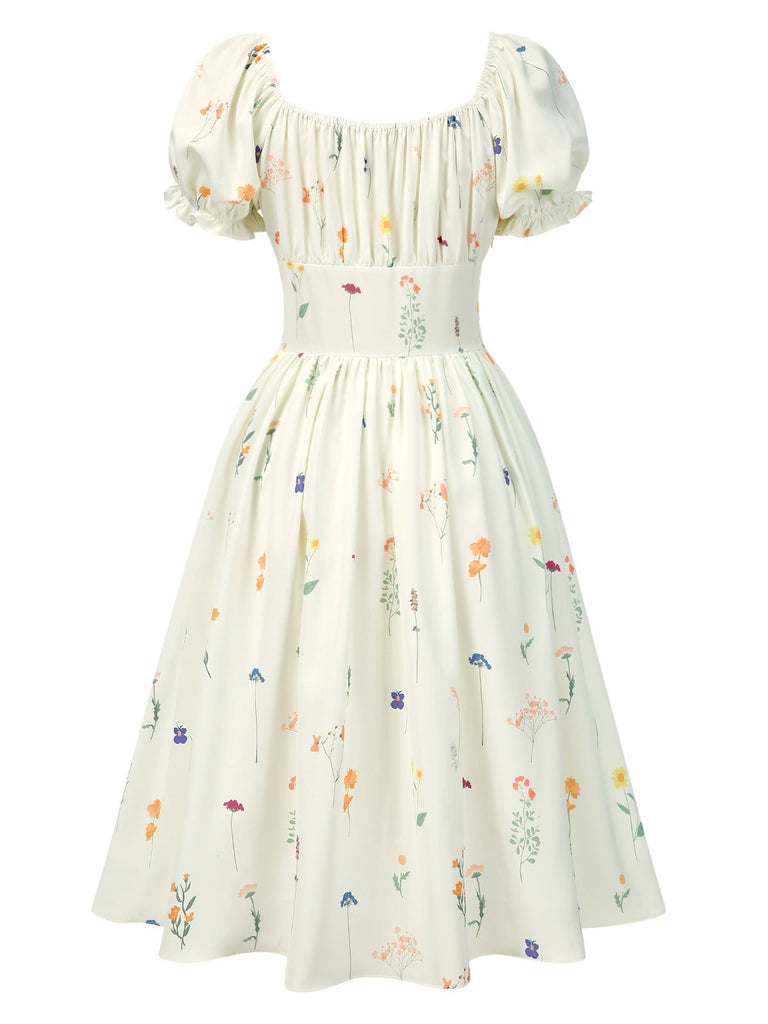 [Vorverkauf] Beige 1950er Quadratischer Hals Plissiertes Blumen Kleid