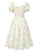 [Vorverkauf] Beige 1950er Quadratischer Hals Plissiertes Blumen Kleid