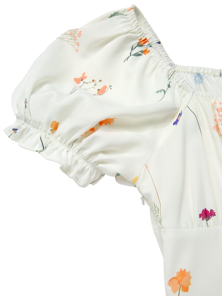 [Vorverkauf] Beige 1950er Quadratischer Hals Plissiertes Blumen Kleid