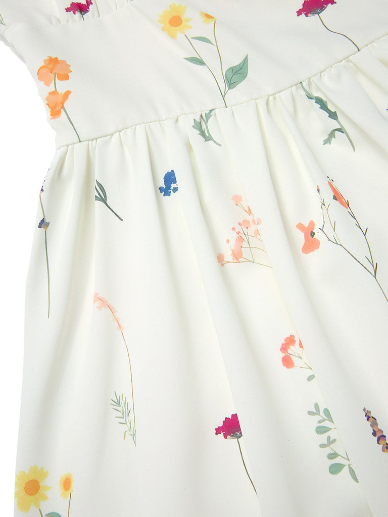 [Vorverkauf] Beige 1950er Quadratischer Hals Plissiertes Blumen Kleid