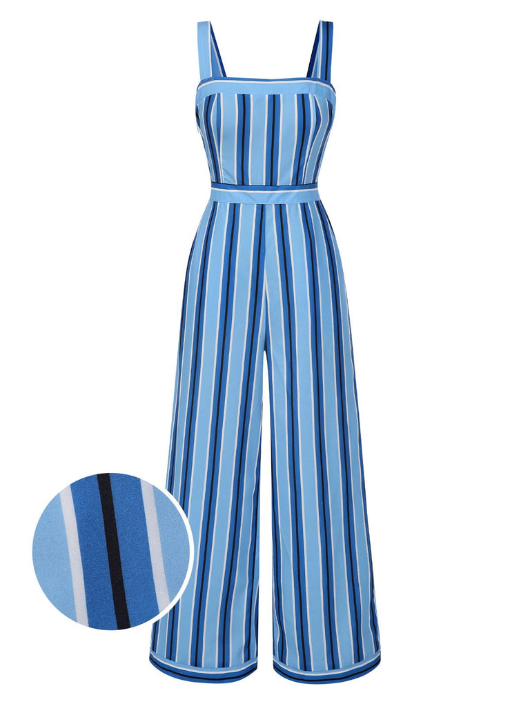 [Vorverkauf] Blau 1950er Breit Träger Vertikal Streifen Jumpsuit