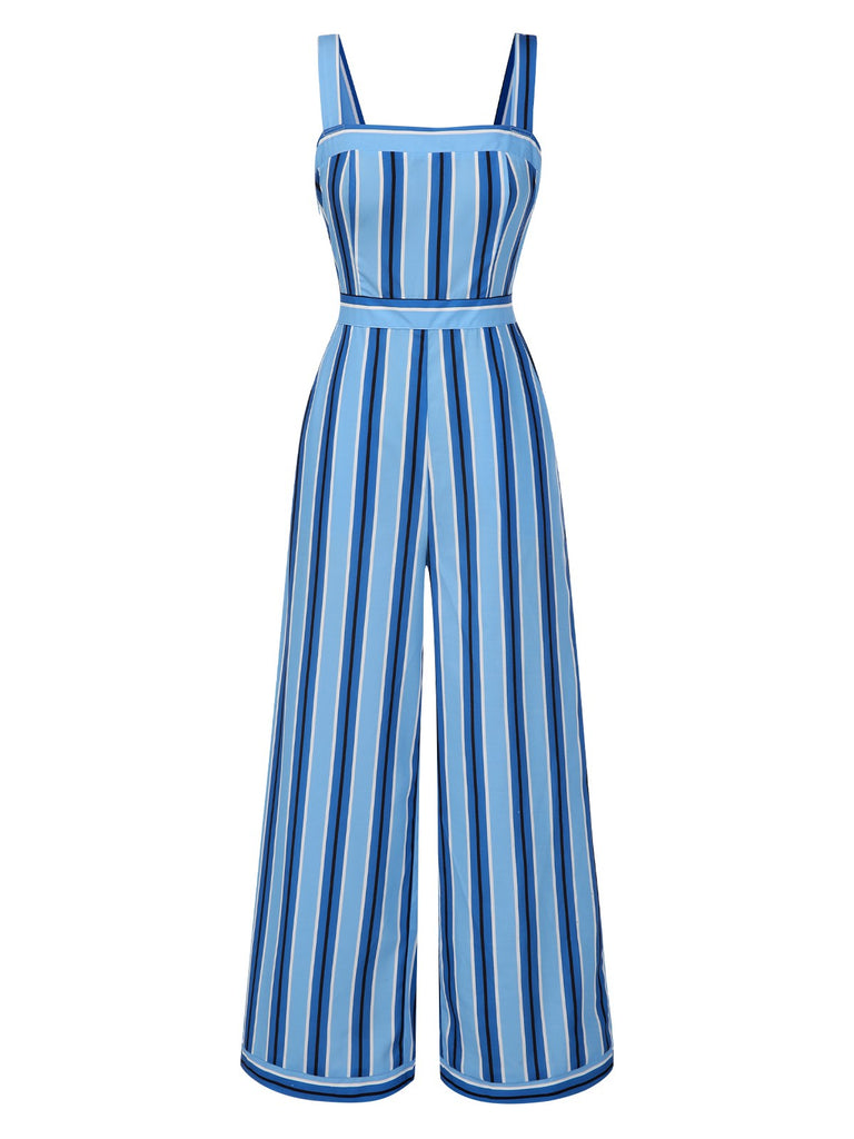 [Vorverkauf] Blau 1950er Breit Träger Vertikal Streifen Jumpsuit