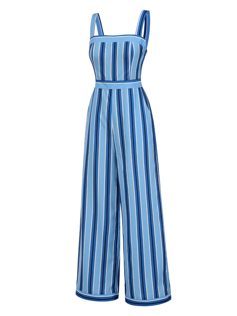 [Vorverkauf] Blau 1950er Breit Träger Vertikal Streifen Jumpsuit