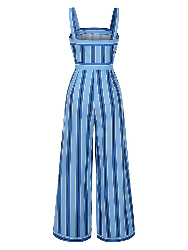 [Vorverkauf] Blau 1950er Breit Träger Vertikal Streifen Jumpsuit