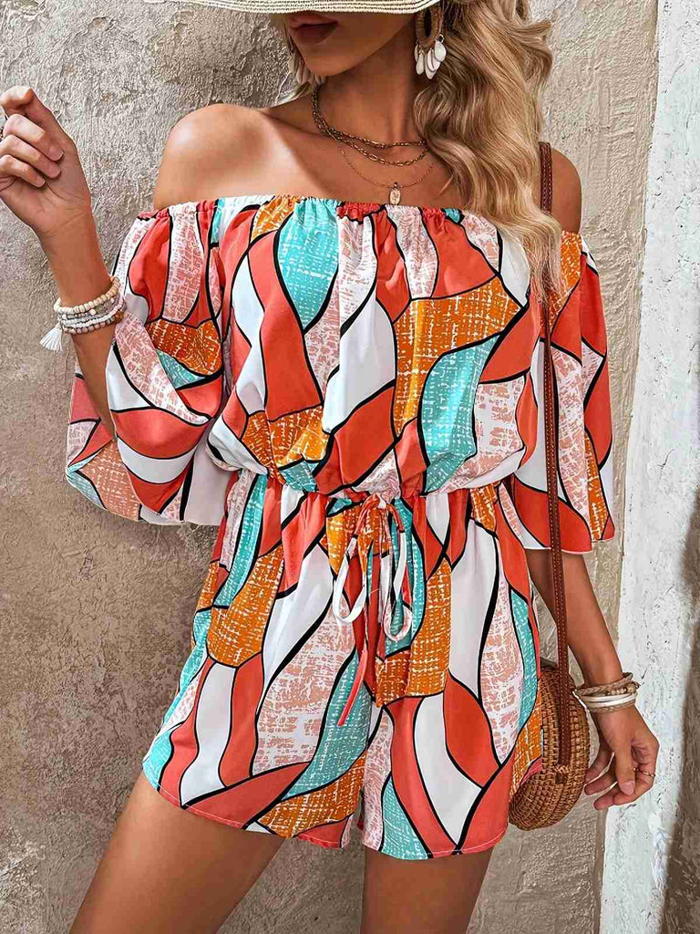 Orange 1950er Geometrisch Kordelzug Schulterfrei Romper
