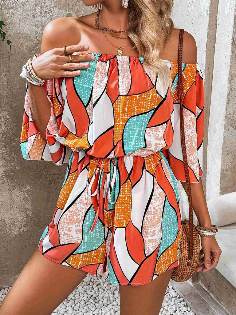 Orange 1950er Geometrisch Kordelzug Schulterfrei Romper