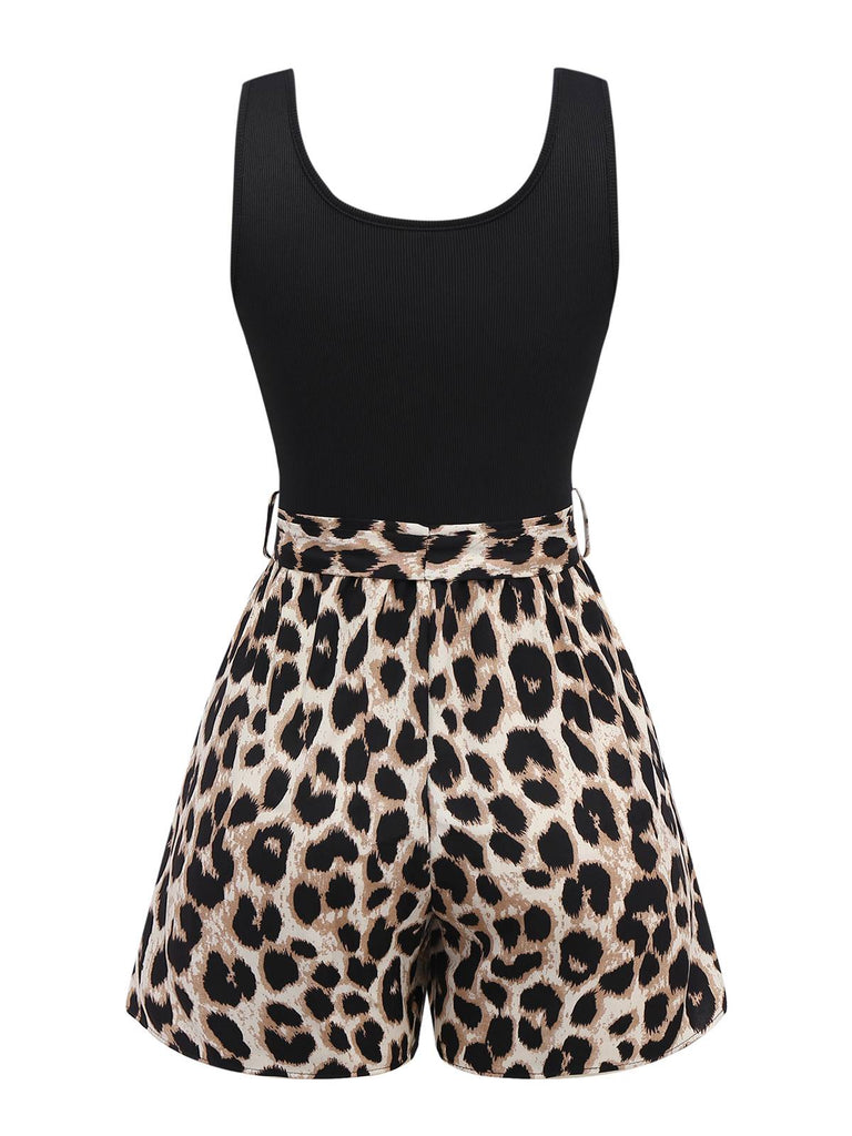 Schwarz 1950er Leopard Quadratischer Hals Romper