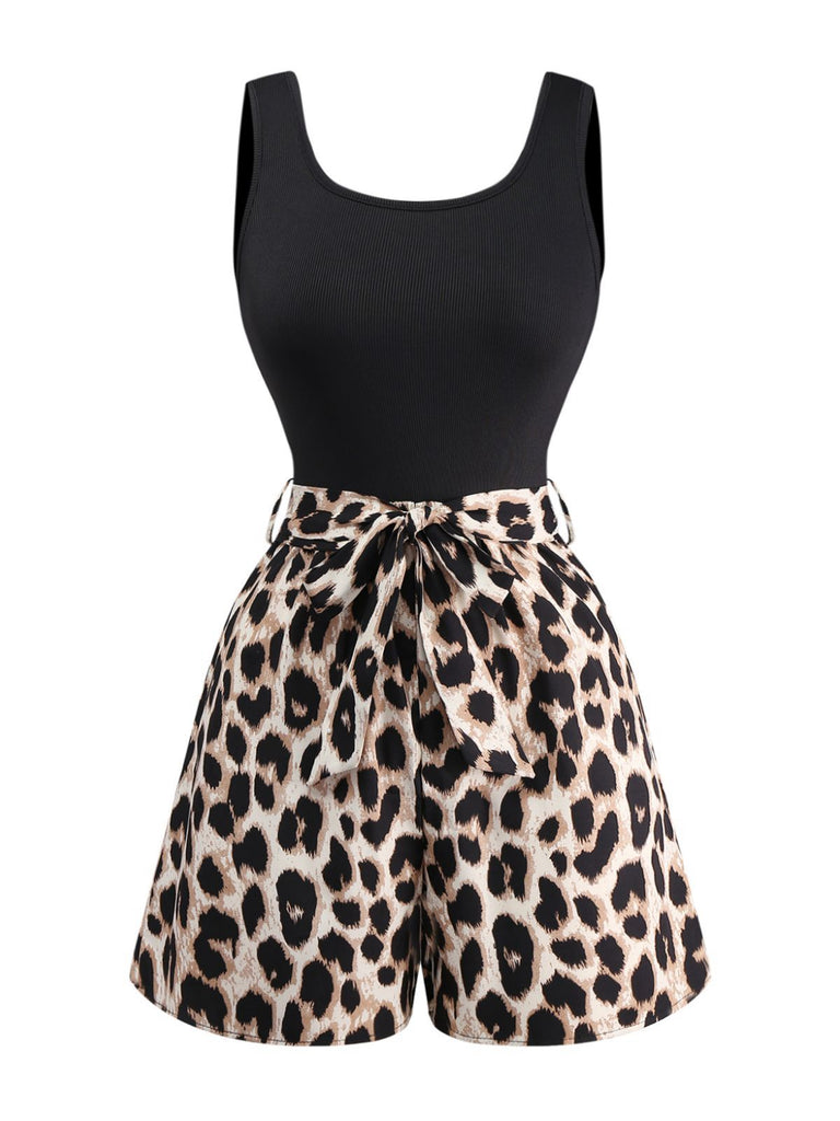 Schwarz 1950er Leopard Quadratischer Hals Romper