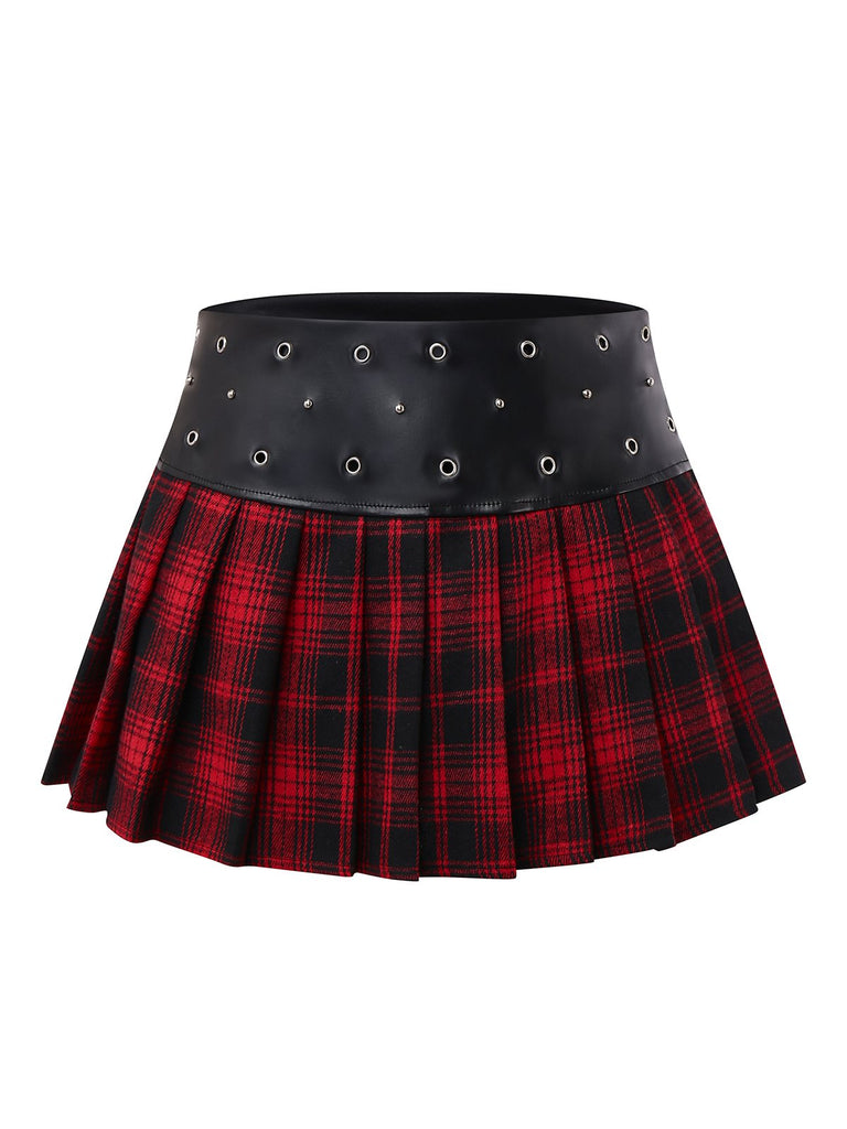 Rot 1980er Steampunk Plaid Leder Plissiertes Rock