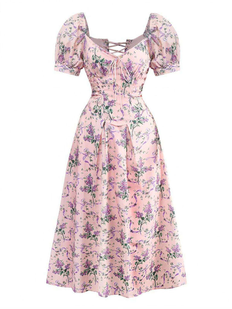 Rosa 1940er Lavendel Herzförmiger Hals Puffärmel Kleid