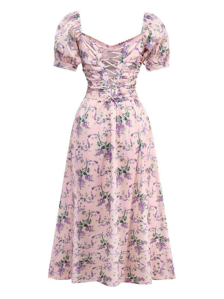 Rosa 1940er Lavendel Herzförmiger Hals Puffärmel Kleid