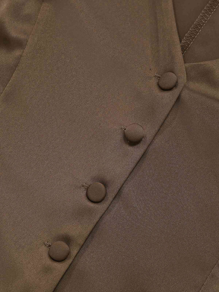 2PCS Braun 1930er Solide Satin Ärmellos Weste & Fischschwanz Rock