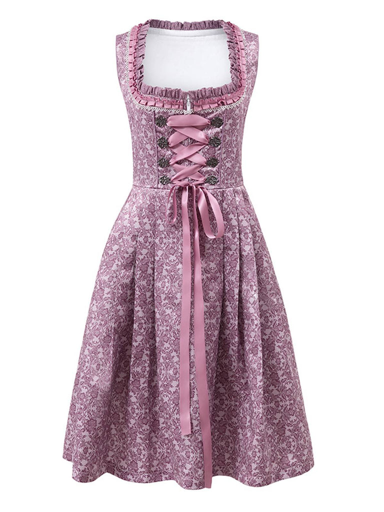 2PCS Lavendel 1950er Oktoberfest Dirndl Blumen Kleid & Spitze Schürze
