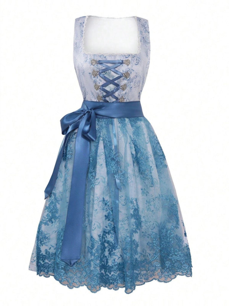 2PCS Blau 1950er Oktoberfest Dirndl Blumen Schnürung Kleid & Schürze