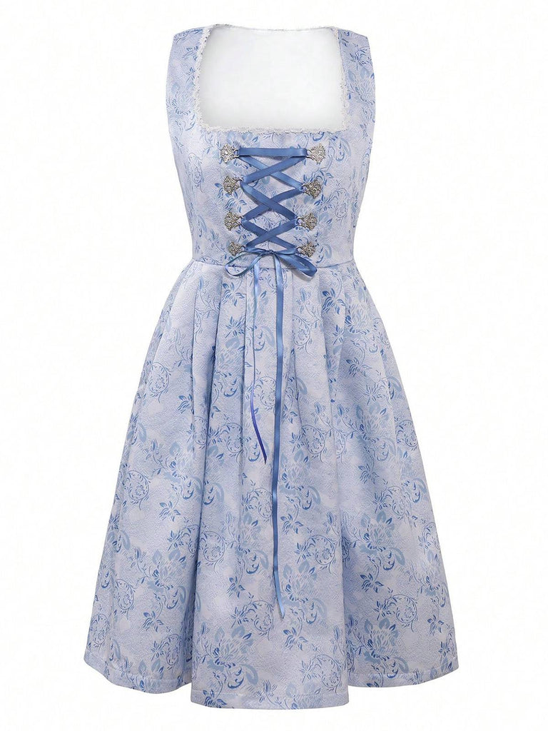 2PCS Blau 1950er Oktoberfest Dirndl Blumen Schnürung Kleid & Schürze