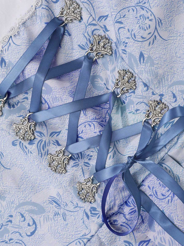 2PCS Blau 1950er Oktoberfest Dirndl Blumen Schnürung Kleid & Schürze