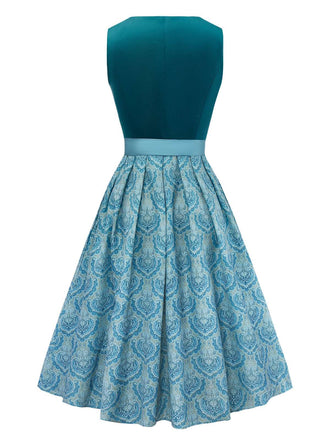 2PCS Blau 1950er Oktoberfest Flanell Blumen Kleid & Satin Schürze