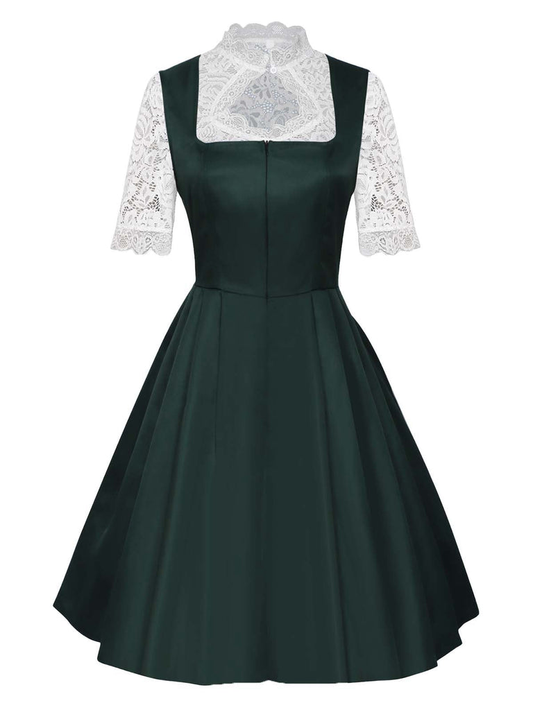 3PCS Grün 1950er Oktoberfest Dirndl Schlüsselloch Spitze Top & Kleid