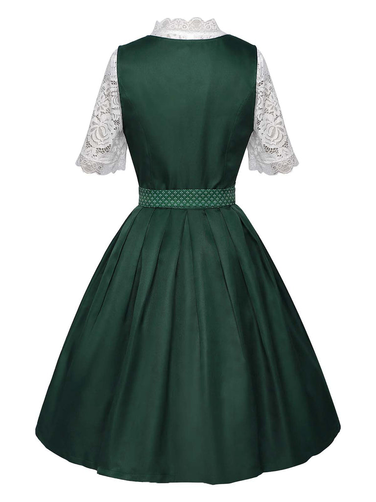 3PCS Grün 1950er Oktoberfest Dirndl Schlüsselloch Spitze Top & Kleid
