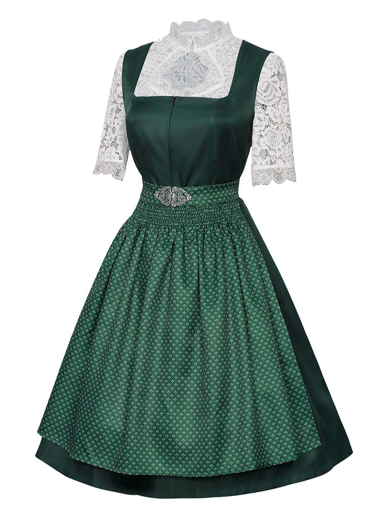 3PCS Grün 1950er Oktoberfest Dirndl Schlüsselloch Spitze Top & Kleid