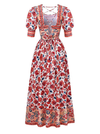 2PCS Rot 1930er Blumen Laternenärmel Ausgeschnitten Top & Gerüschtes Rock