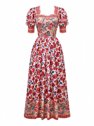 2PCS Rot 1930er Blumen Laternenärmel Ausgeschnitten Top & Gerüschtes Rock