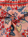 2PCS Rot 1930er Blumen Laternenärmel Ausgeschnitten Top & Gerüschtes Rock