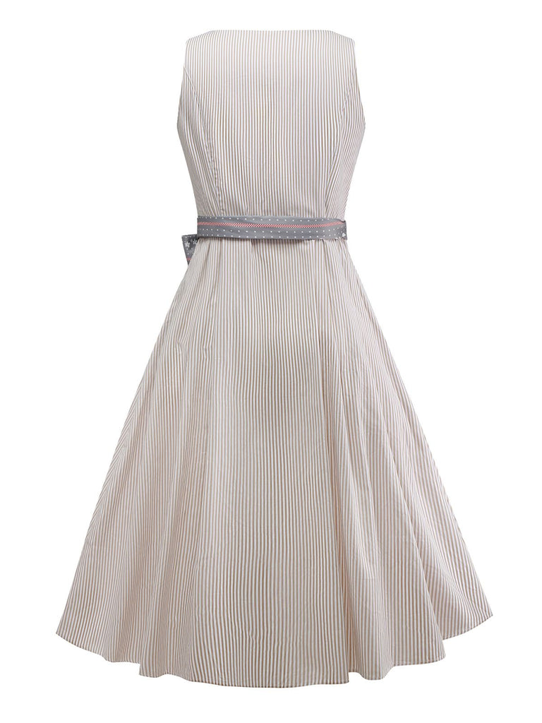 2PCS Beige 1950er Oktoberfest Dirndl Streifen Kleid & Blumen Schürze