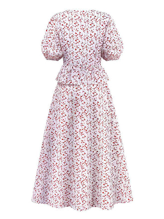 Weiß 1940er Kleine Blumen Rüschen V-Ausschnitt Puffärmel Kleid