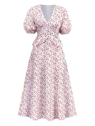 Weiß 1940er Kleine Blumen Rüschen V-Ausschnitt Puffärmel Kleid