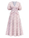 Weiß 1940er Kleine Blumen Rüschen V-Ausschnitt Puffärmel Kleid