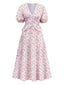 Weiß 1940er Kleine Blumen Rüschen V-Ausschnitt Puffärmel Kleid