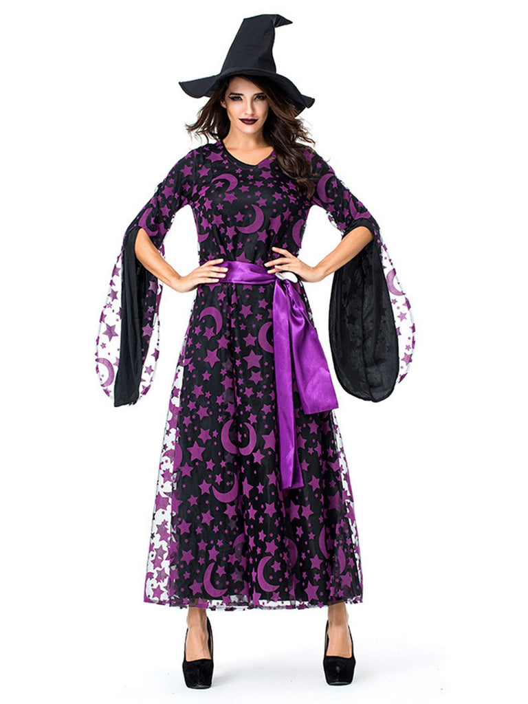 Dunkellila 1930er Stern & Mond Fledermausärmel Hexe Kleid Set