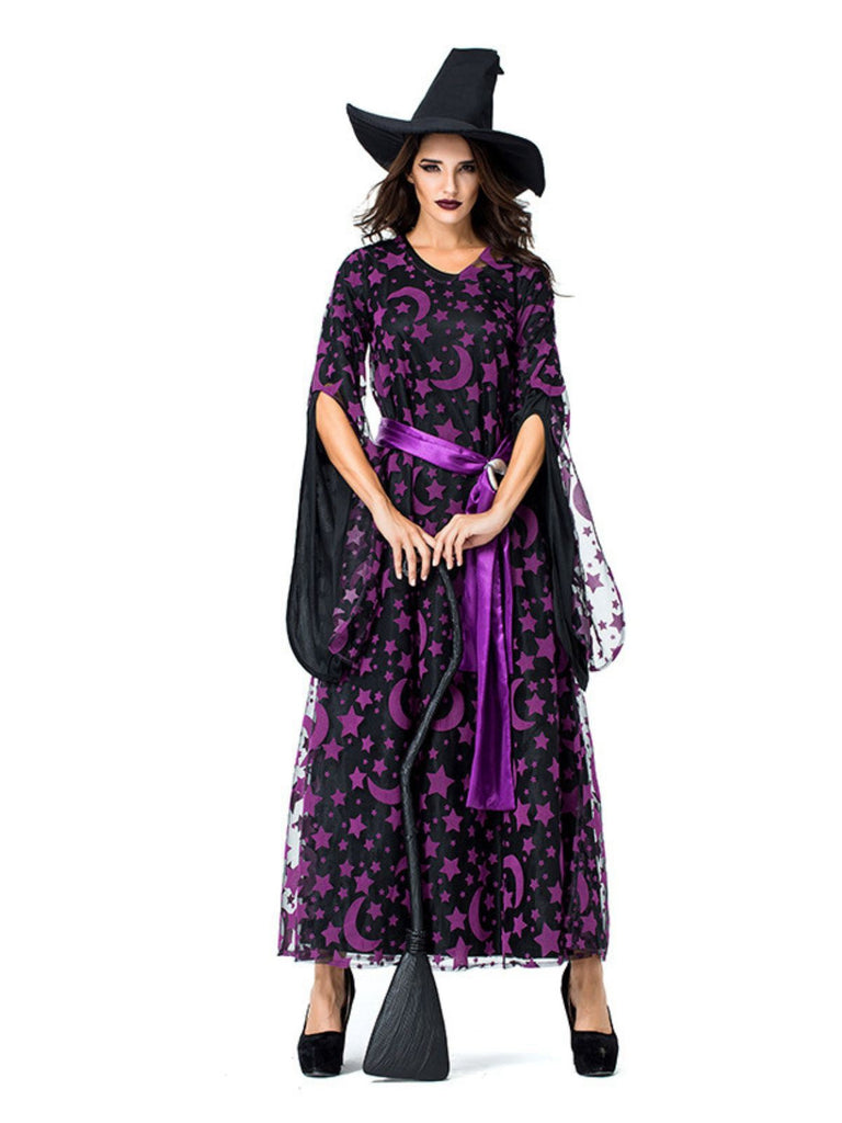 Dunkellila 1930er Stern & Mond Fledermausärmel Hexe Kleid Set