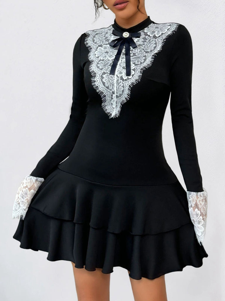 Schwarz & Weiß 1950er Spitze Patchwork Bogen Langarm Kleid