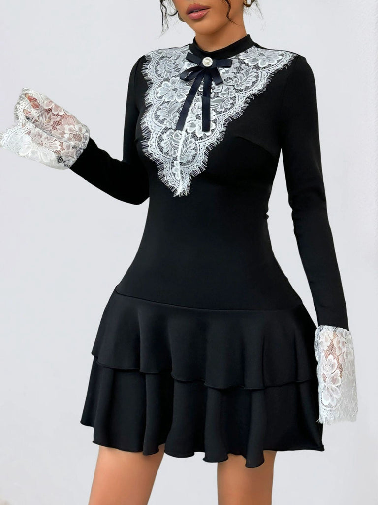 Schwarz & Weiß 1950er Spitze Patchwork Bogen Langarm Kleid