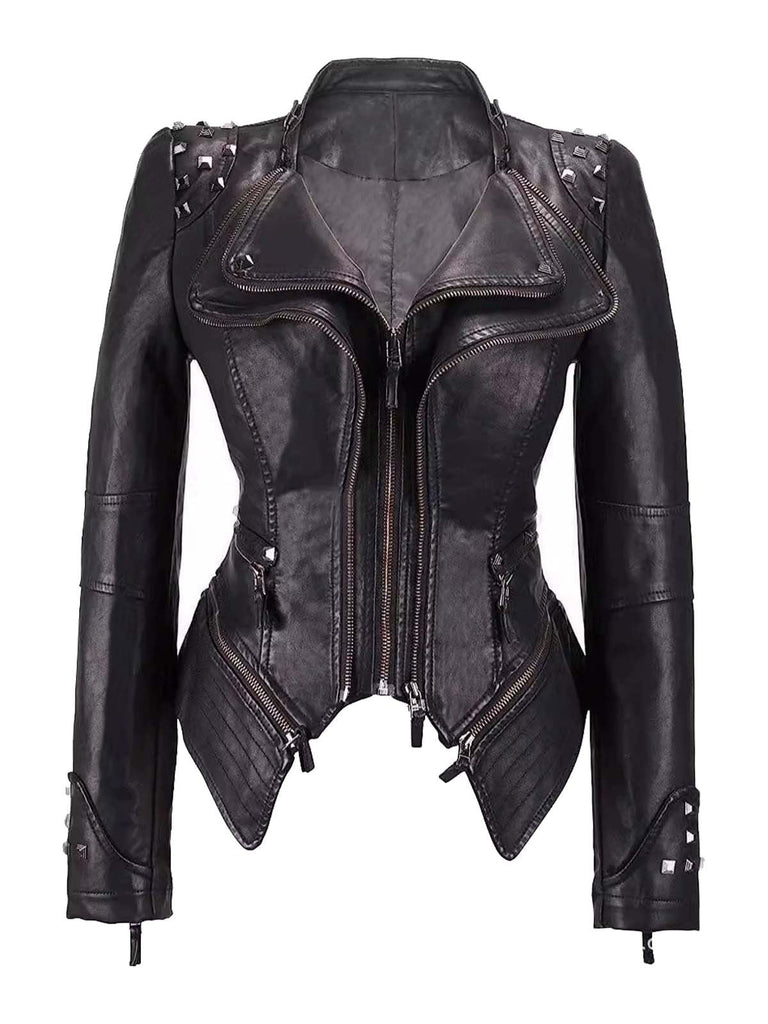 Schwarz 1980er Irregulär Saum Niet Motorrad Jacke
