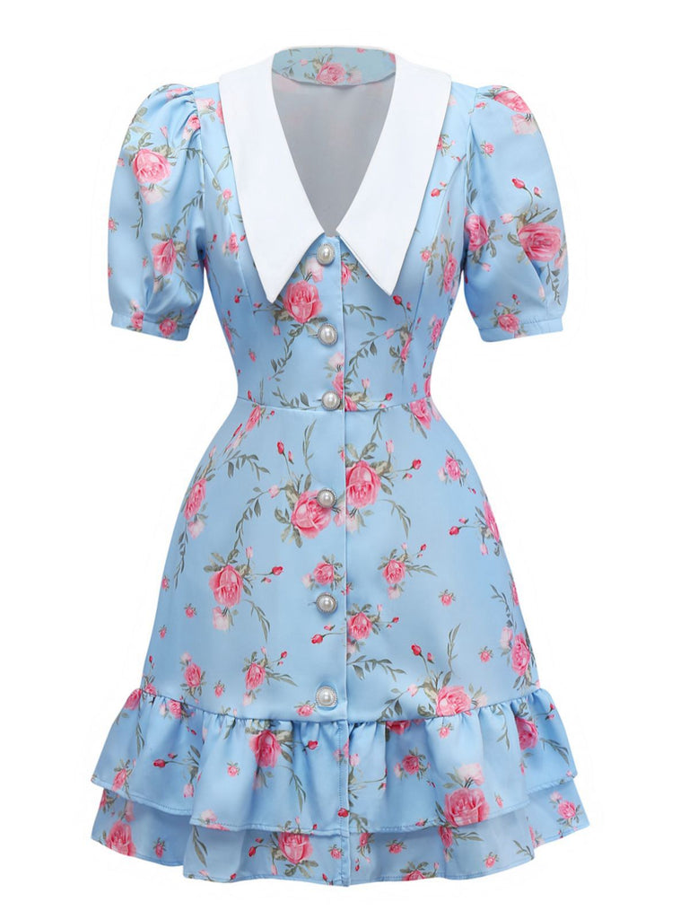 1960er Rose Puffärmel Chelsea-Kragen Mini Kleid