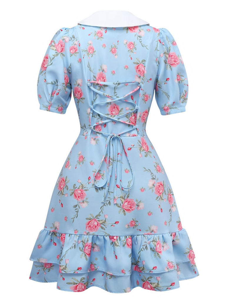 1960er Rose Puffärmel Chelsea-Kragen Mini Kleid
