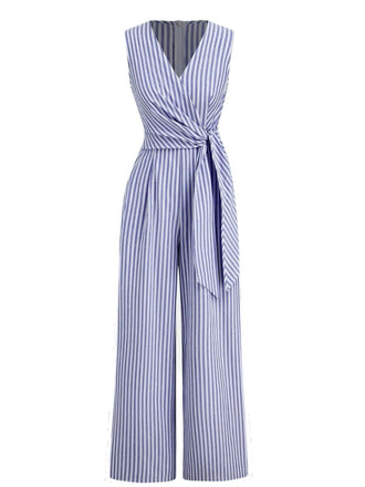 Blau 1940er V-Ausschnitt Streifen Taille-Tie Ärmellos Jumpsuit