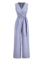 Blau 1940er V-Ausschnitt Streifen Taille-Tie Ärmellos Jumpsuit
