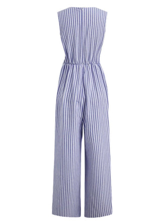 Blau 1940er V-Ausschnitt Streifen Taille-Tie Ärmellos Jumpsuit