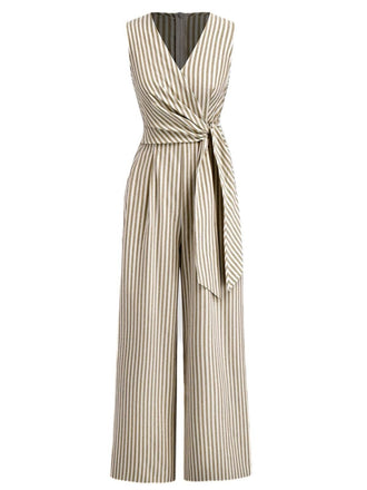 Khaki 1940er V-Ausschnitt Streifen Taille-Tie Ärmellos Jumpsuit