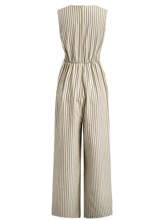 Khaki 1940er V-Ausschnitt Streifen Taille-Tie Ärmellos Jumpsuit