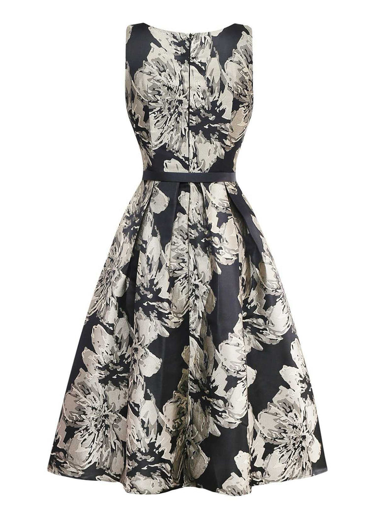 Schwarz 1950er Jacquard Blumen Gürtel Kleid
