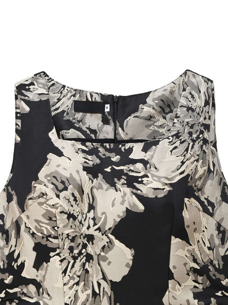 Schwarz 1950er Jacquard Blumen Gürtel Kleid