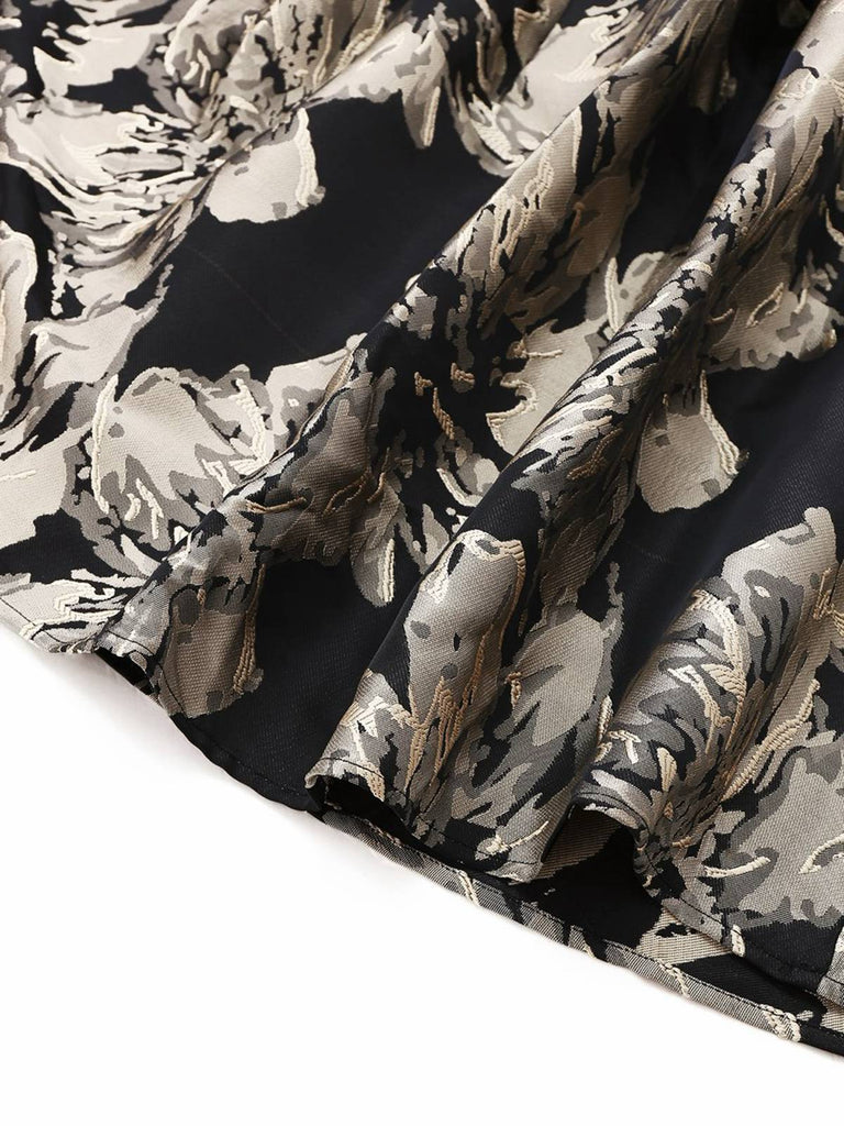 Schwarz 1950er Jacquard Blumen Gürtel Kleid