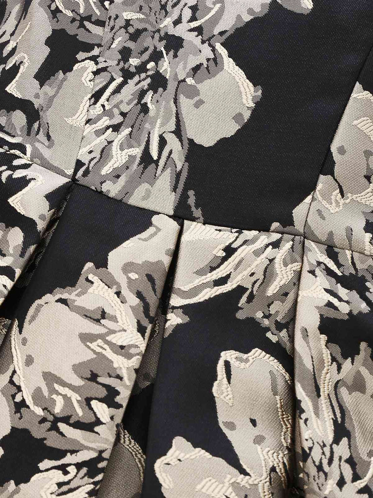 Schwarz 1950er Jacquard Blumen Gürtel Kleid