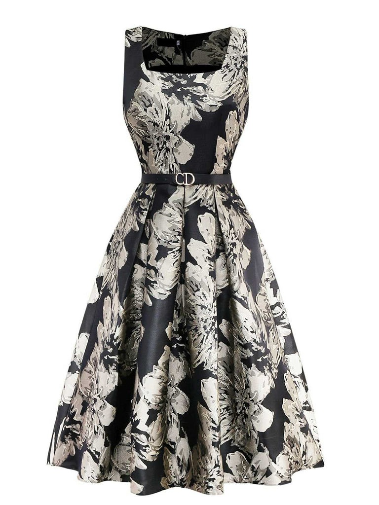 Schwarz 1950er Jacquard Blumen Gürtel Kleid