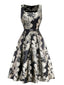 Schwarz 1950er Jacquard Blumen Gürtel Kleid
